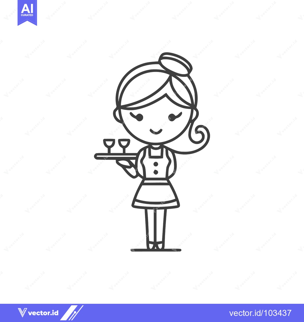 Premium Vector of Charming Waitress Line Art Icon with Serving Tray and Drinks