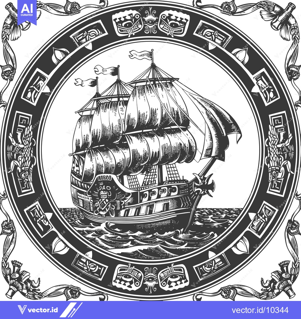 Premium Vector dari A Black and White Illustration of a Sailing Ship with Ornate Framing