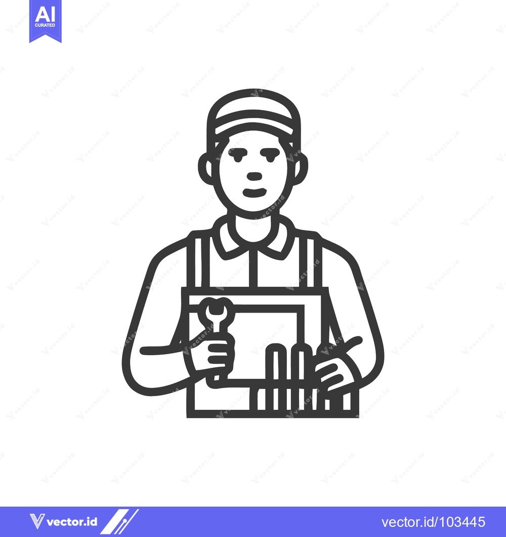 Premium Vector of Skilled Mechanic with Toolbox and Wrench, Professional Worker Line Art