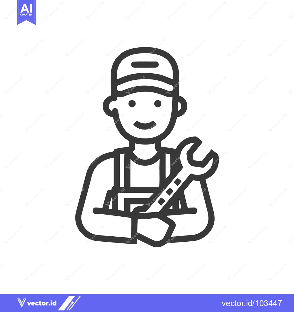 Premium Vector of Friendly Mechanic with Wrench, Minimalist Line Art Icon for Service