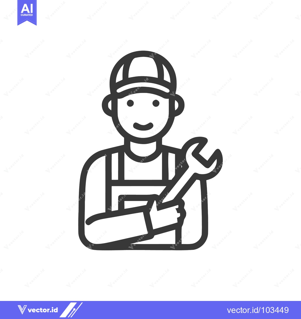 Premium Vector of Smiling Worker in Cap and Overalls Holding Wrench Line Icon