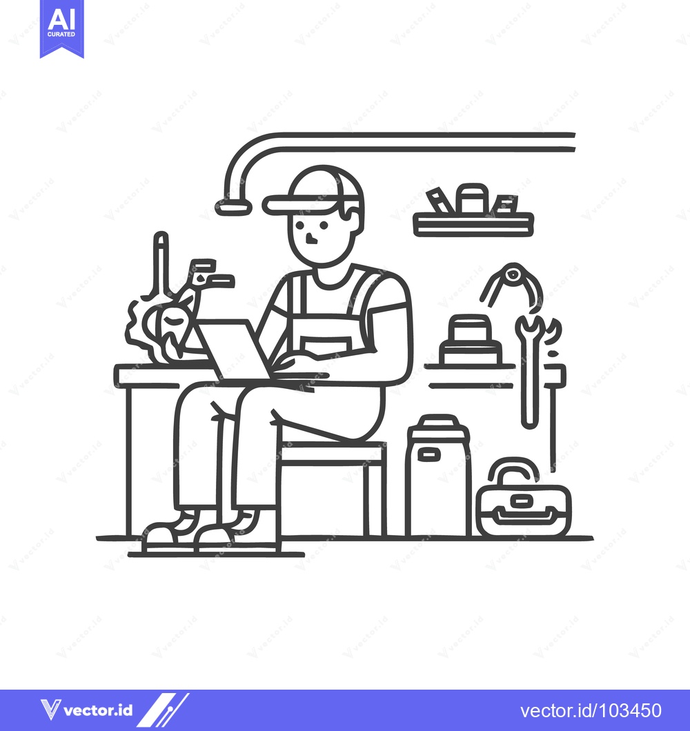 Premium Vector of Modern Technician Diagnosing with Laptop in a Workshop Line Art