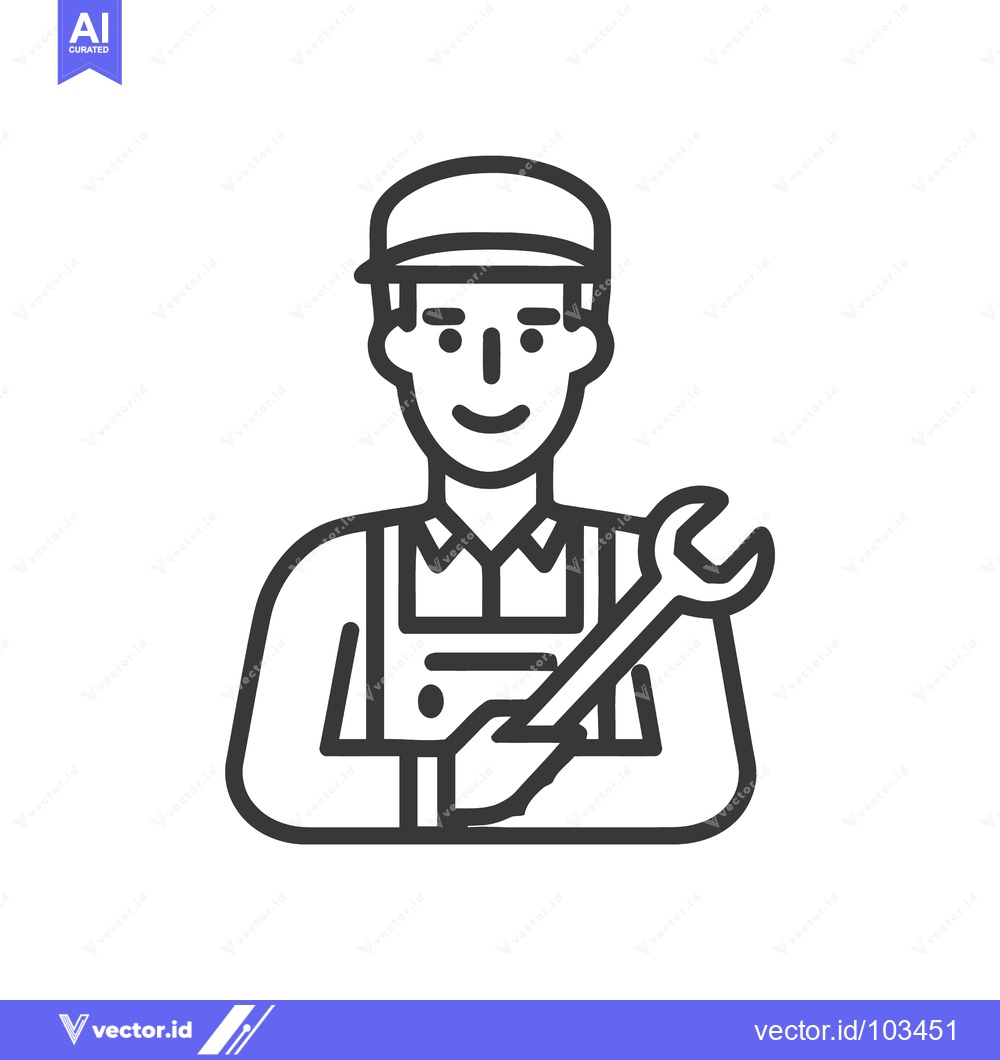 Premium Vector of Smiling Mechanic in Overalls Holding Wrench, Minimalist Line Art Icon