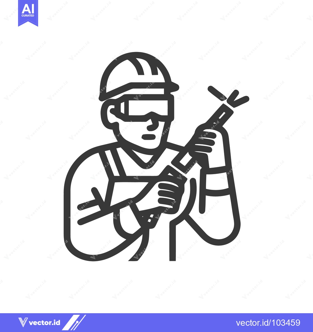 Premium Vector of Modern Line Art Icon of a Welder in Hard Hat Holding a Welding Torch
