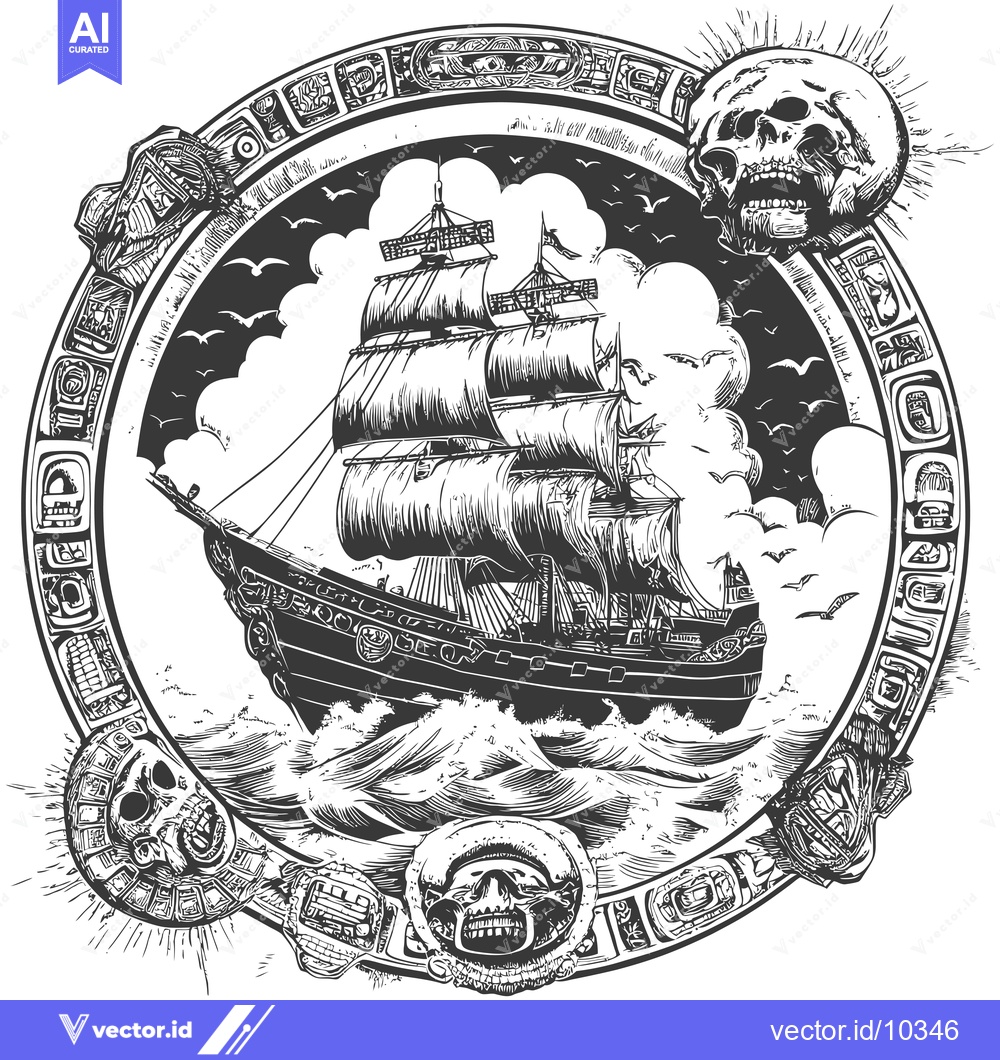 Premium Vector dari A Black and White Illustration of a Ship Surrounded by Skulls and Azte