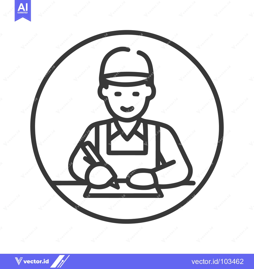 Premium Vector of Friendly worker in a cap writing at a desk, a minimalist circular line