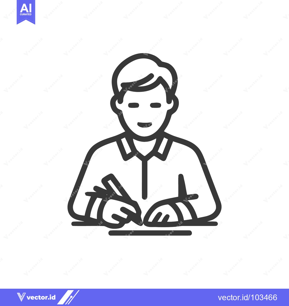 Premium Vector dari Focused Individual Writing at a Desk, Minimalist Line Art Icon