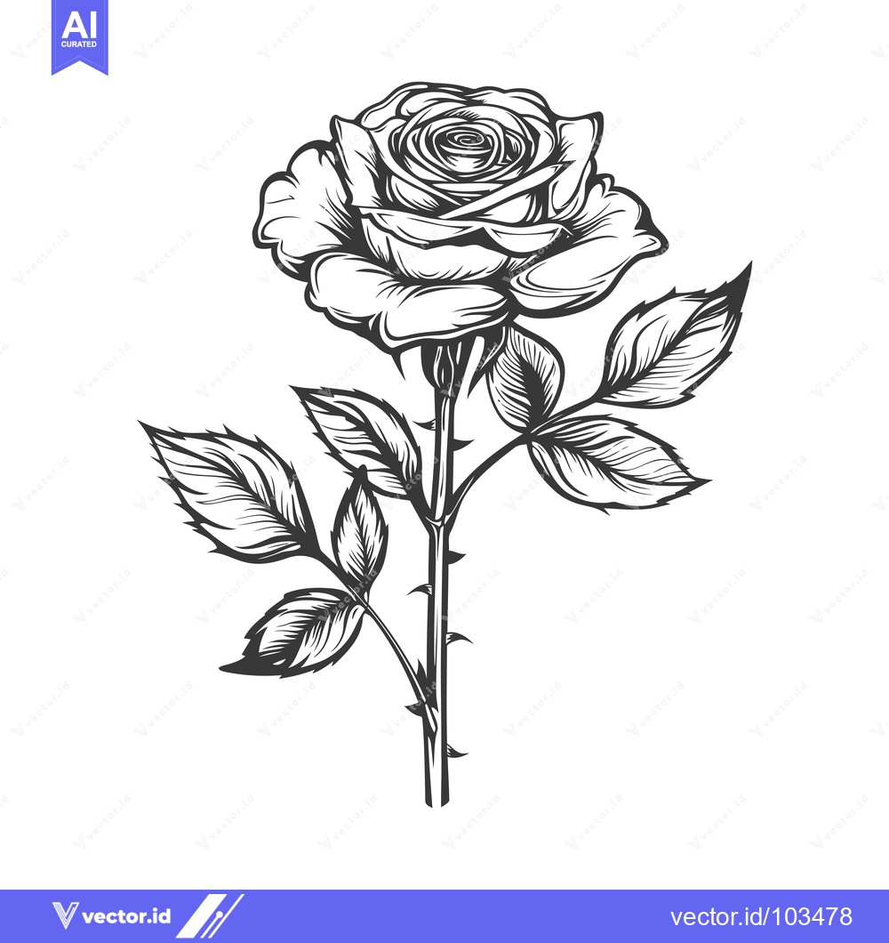 Premium Vector dari Single Rose with Stem and Leaves in Black and White