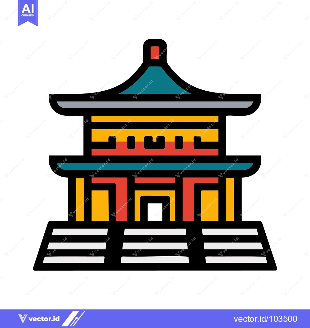 Premium Vector dari Vibrant East Asian Temple Icon with Teal Roof and Red Pillars, Traditi