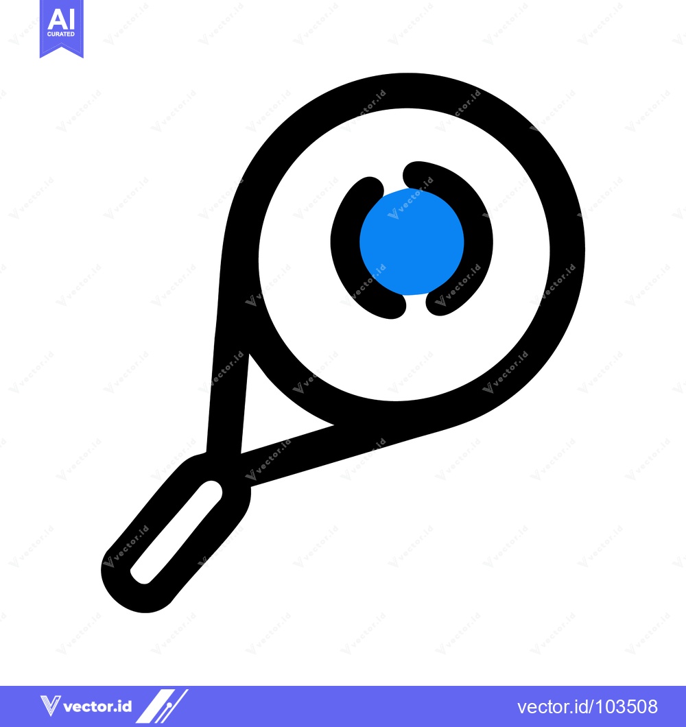 Premium Vector dari Stylized Tennis Racket Icon with Bold Black Lines and Blue Ball