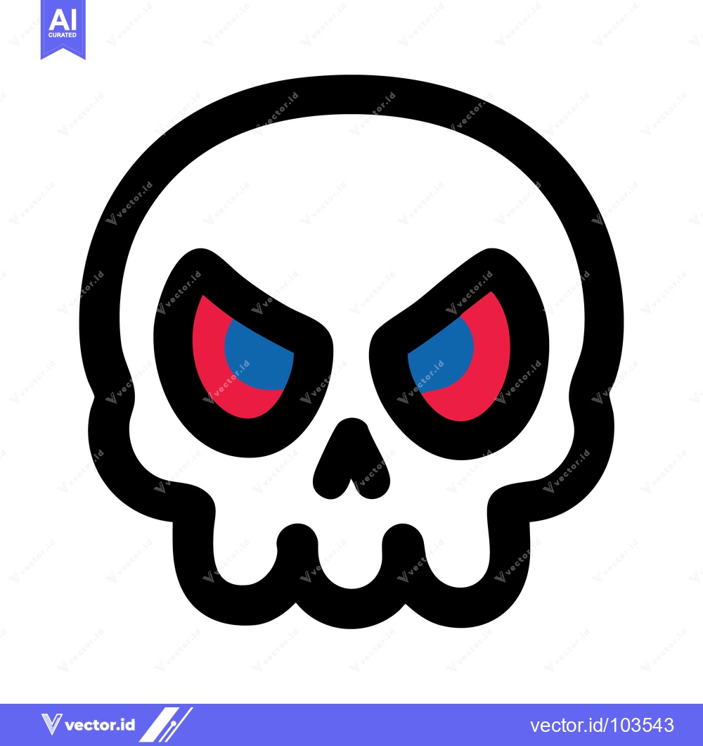 Premium Vector dari Bold Cartoon Skull with Red/Blue Eyes, Black Outline, White Background