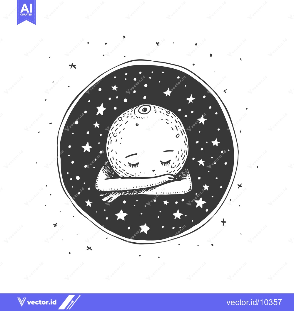 Premium Vector of A Black and White Illustration of a Sleeping Moon with Stars