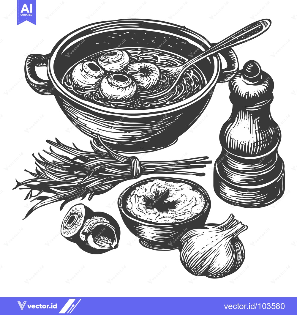 Premium Vector of A monochrome illustration of soup and various food ingredients