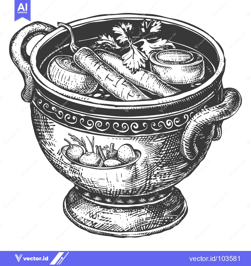 Premium Vector of A decorative engraved bowl filled with vegetables and herbs