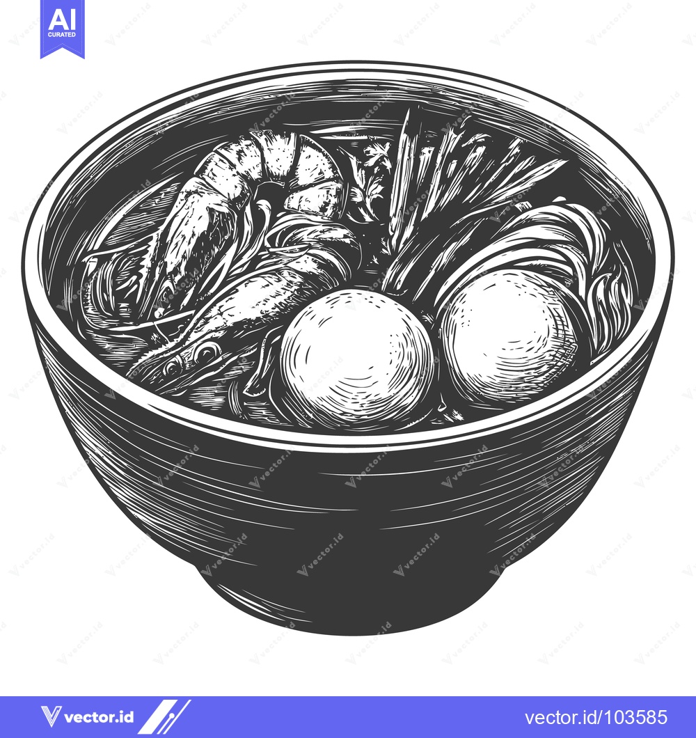 Premium Vector of A bowl filled with seafood and vegetables noodle soup