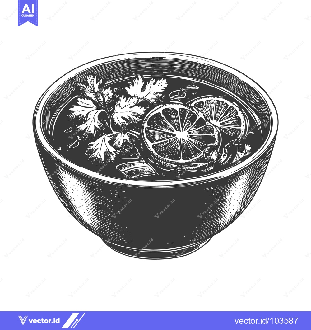 Premium Vector dari A bowl of soup with sliced lemon and herbs