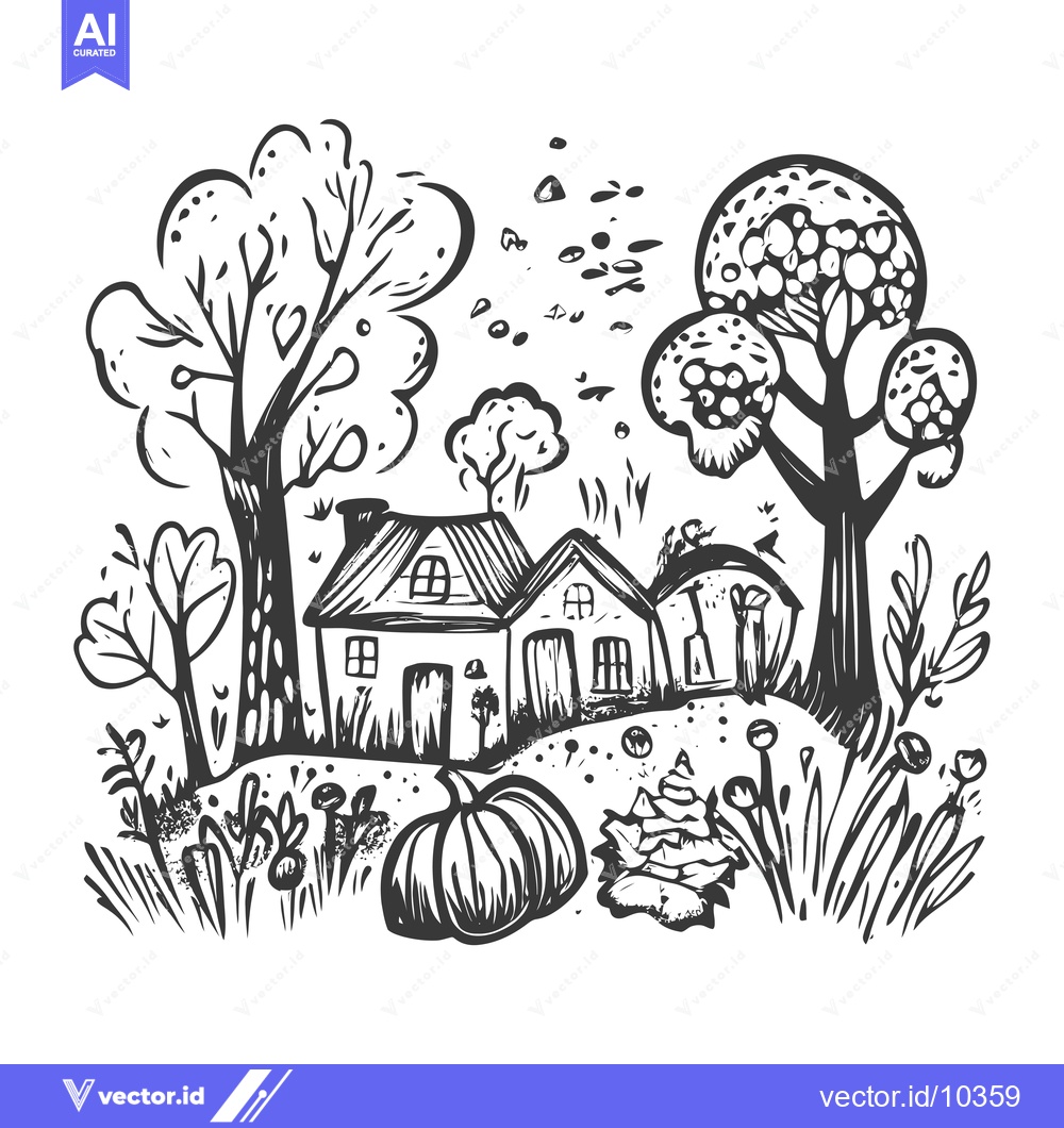 Premium Vector of A Black and White Illustration of a Small House in a Wooded Area with