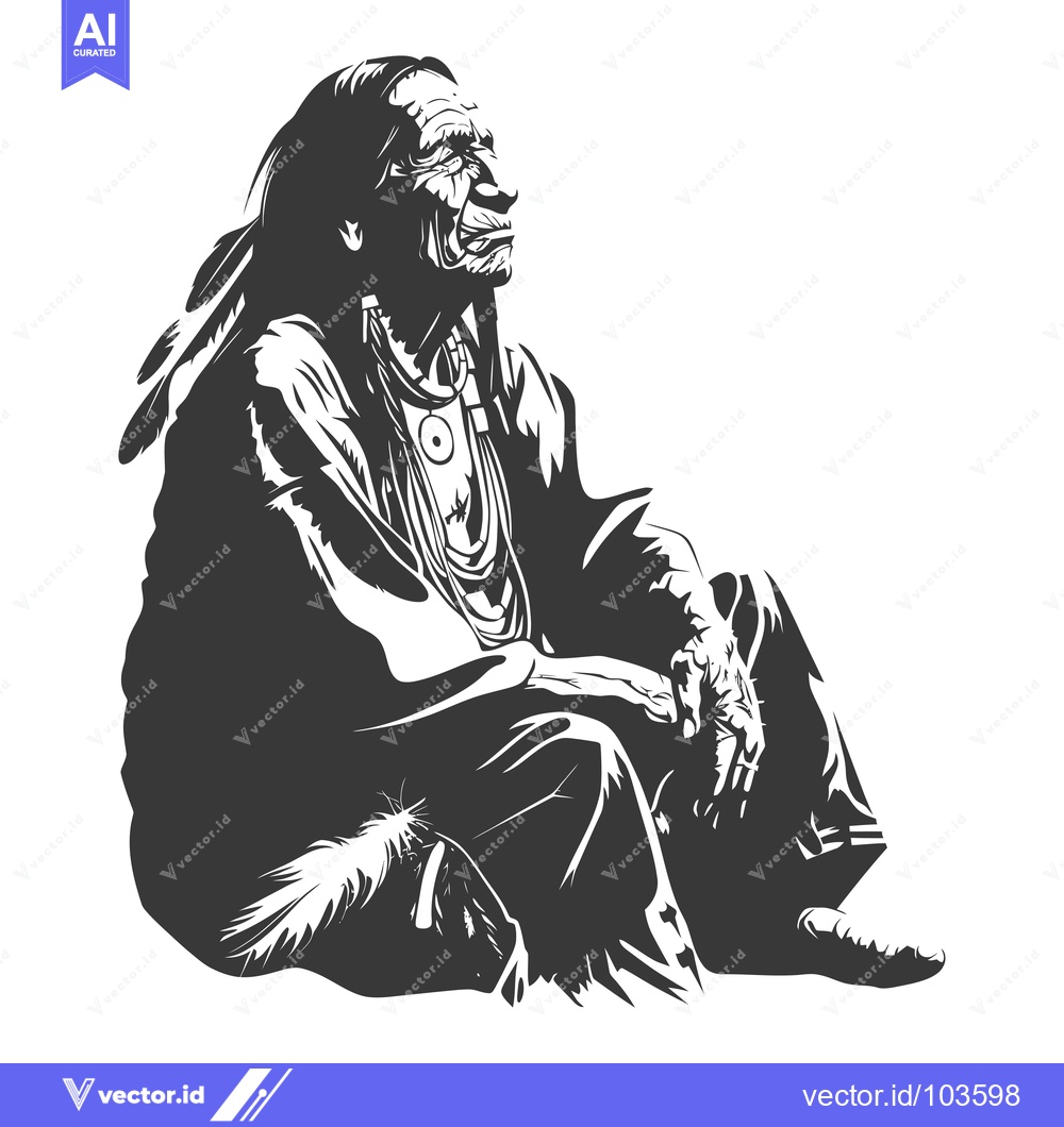 Premium Vector of Sitting Native American Man with Feathers and Jewelry