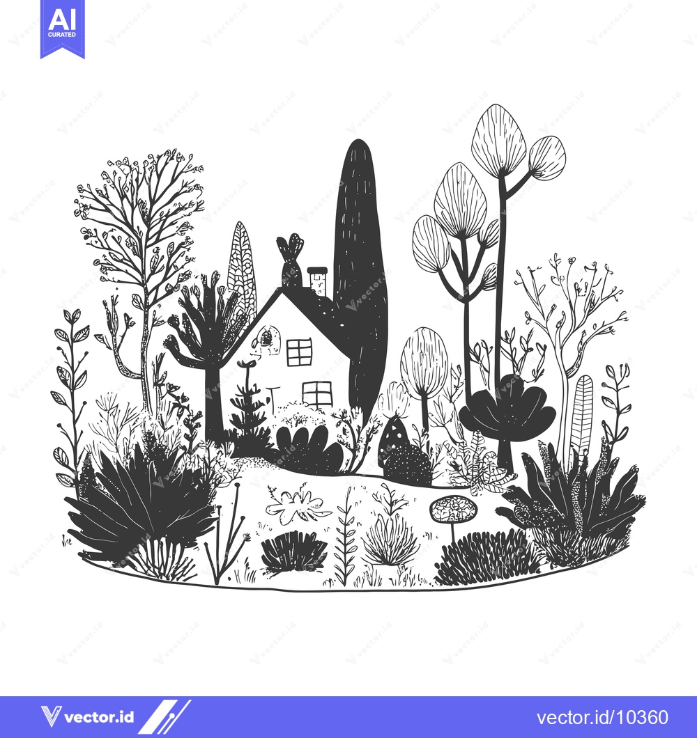 Premium Vector dari A Black and White Illustration of a Small House Surrounded by Lush Fol