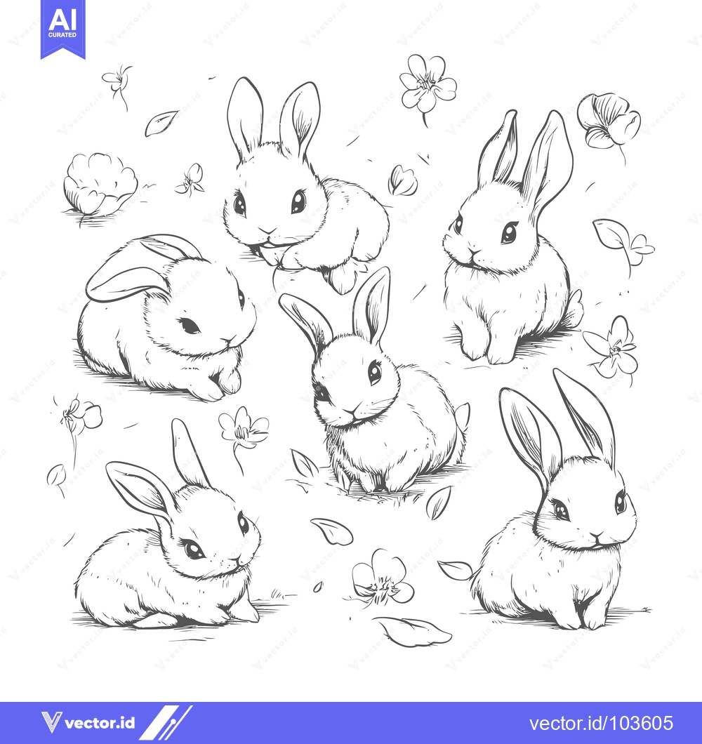 Premium Vector of Six Adorable Hand-Drawn Bunnies with Flowers and Leaves
