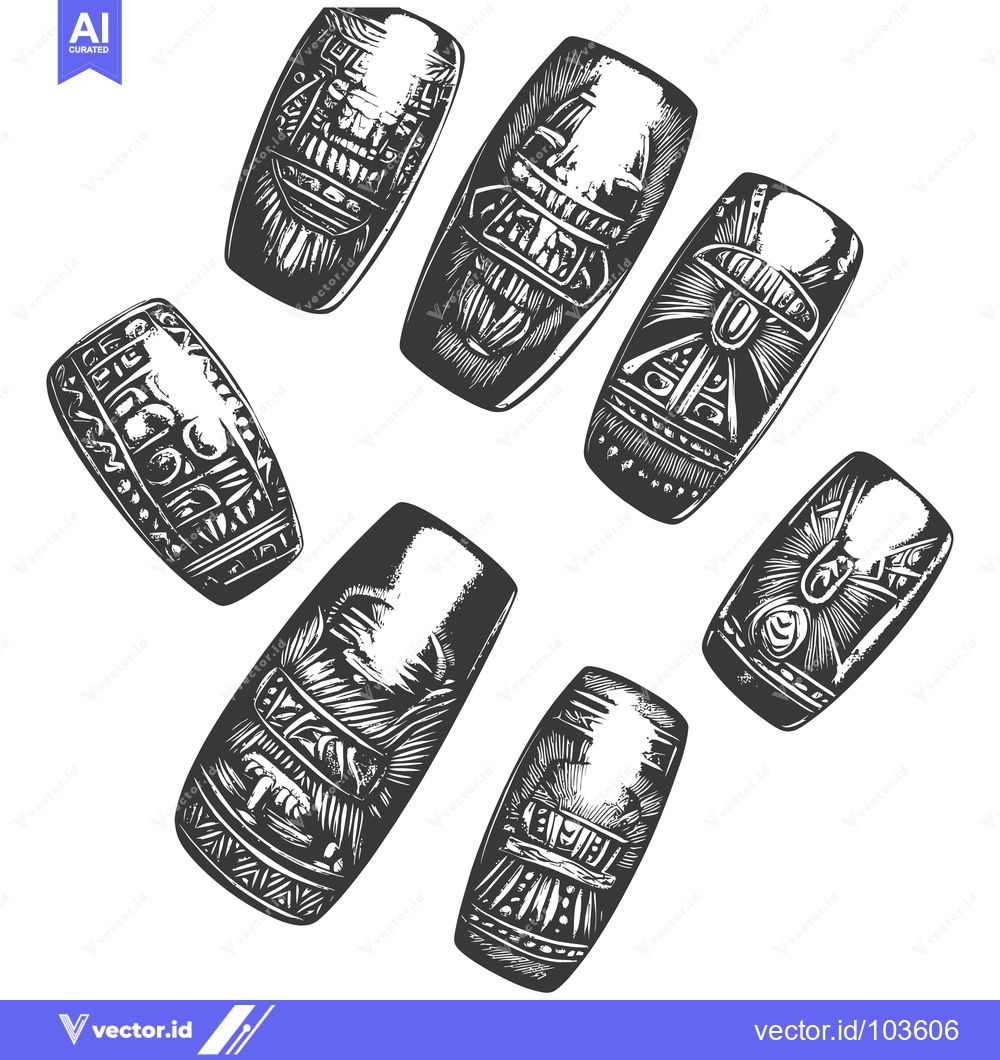 Premium Vector of Six Ancient Stone Carvings with Geometric Patterns and Faces
