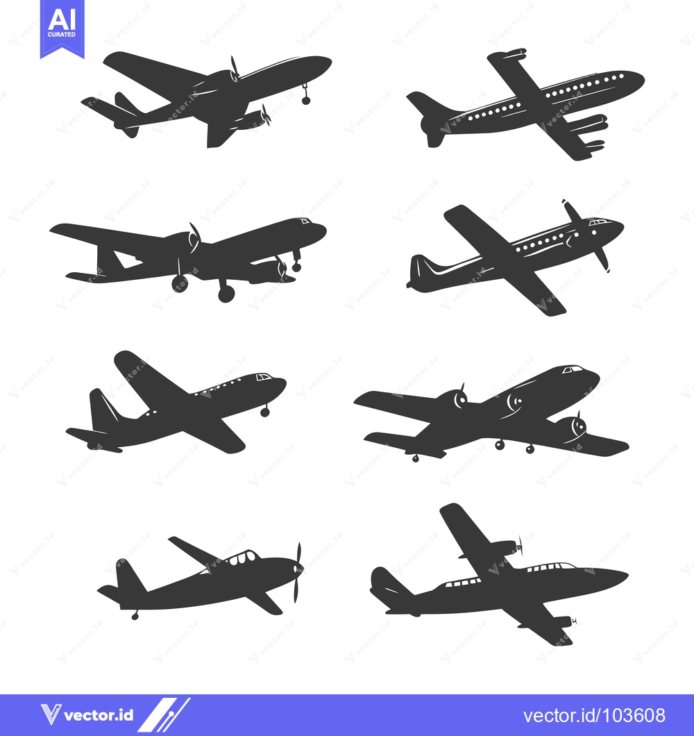 Premium Vector of Six Black and White Airplane Silhouettes