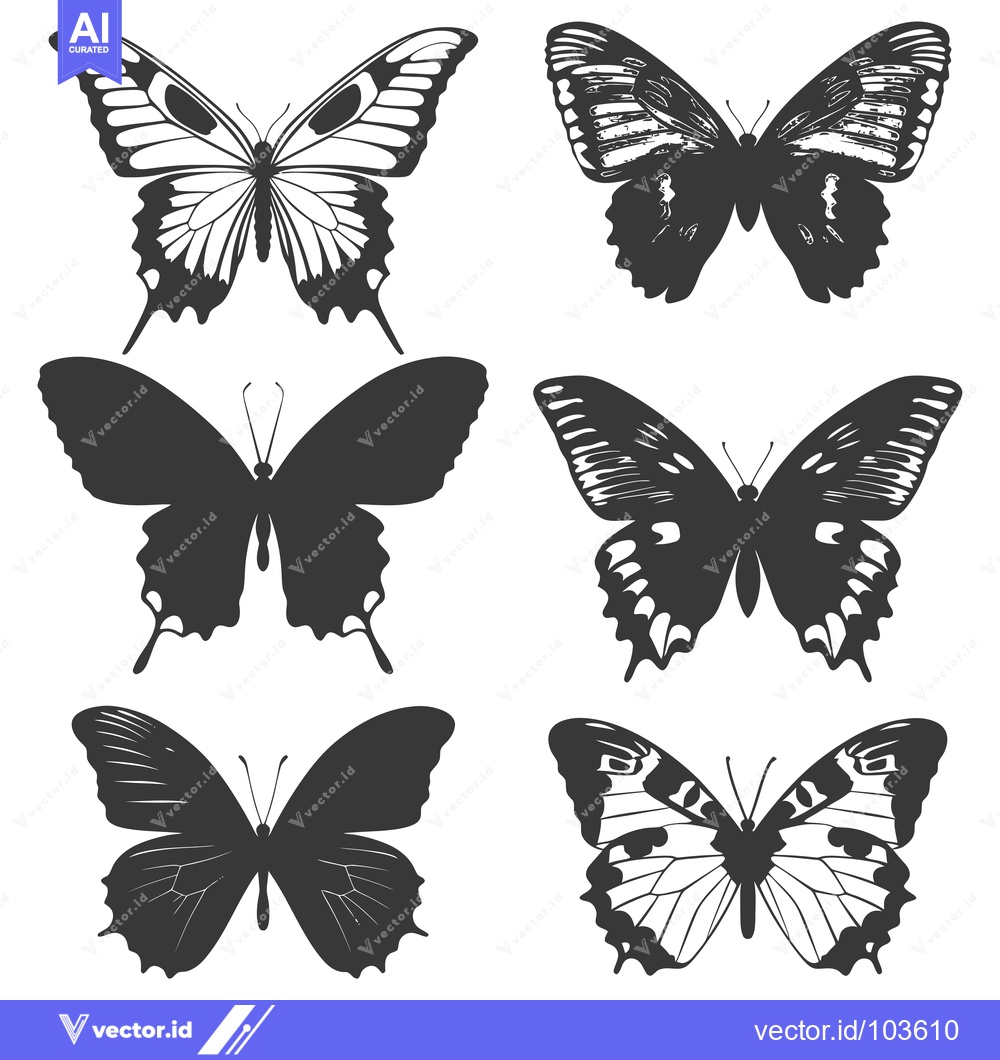 Premium Vector dari Six Black and White Butterfly Silhouettes