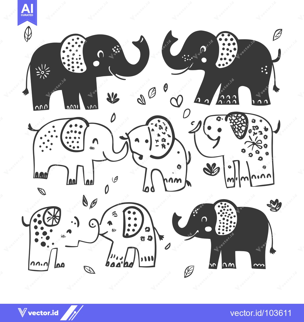 Premium Vector dari Six Black and White Cartoon Elephants with Patterned Details and Leave