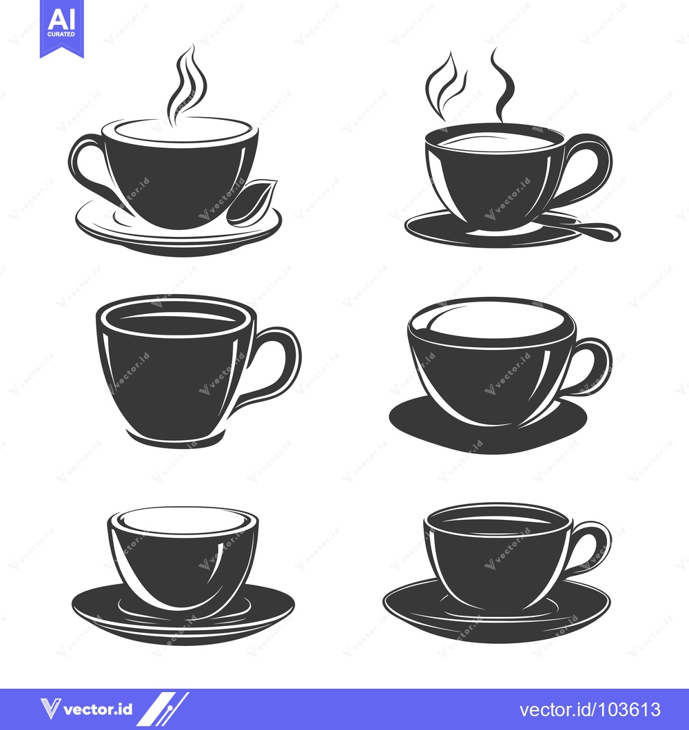 Premium Vector of Six Black and White Coffee Cups with Steam and Saucers
