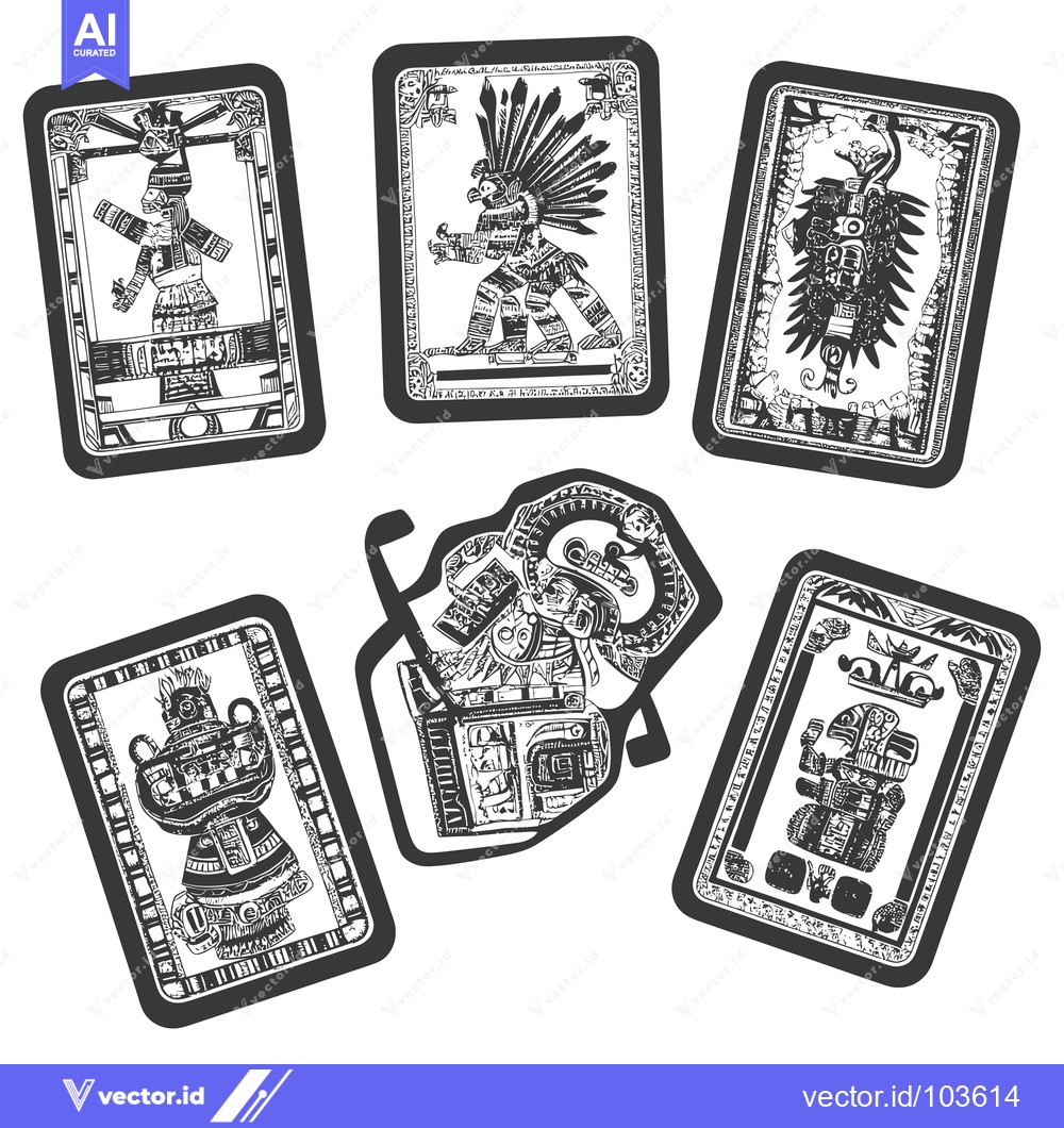 Premium Vector dari Six Black and White Drawings of Ancient Mayan Figures