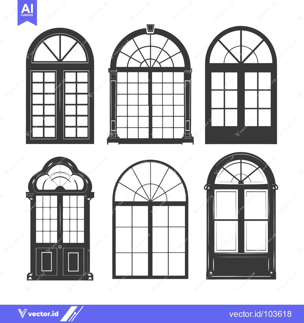 Premium Vector dari Six Black and White Illustrations of Arched Windows and Doors
