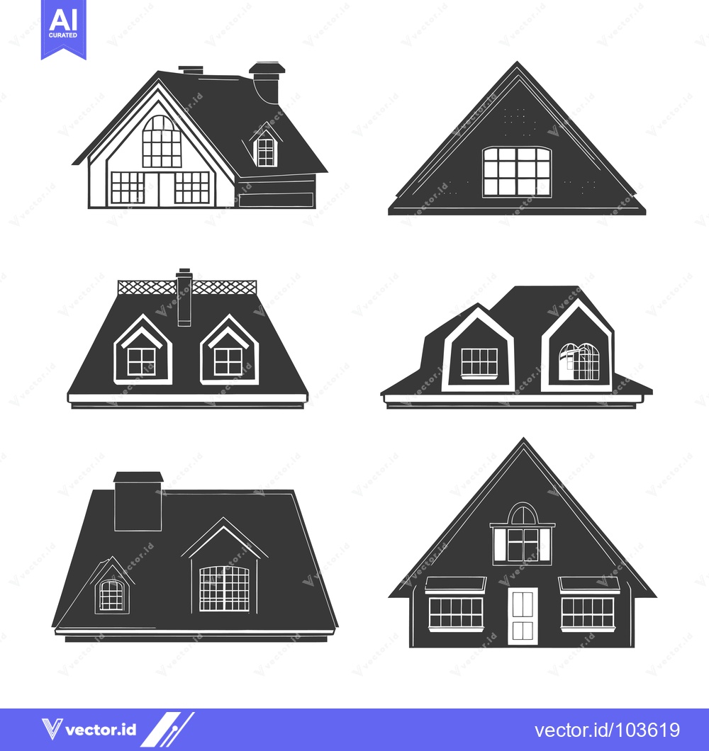 Premium Vector of Six Black and White Illustrations of Different House Roofs