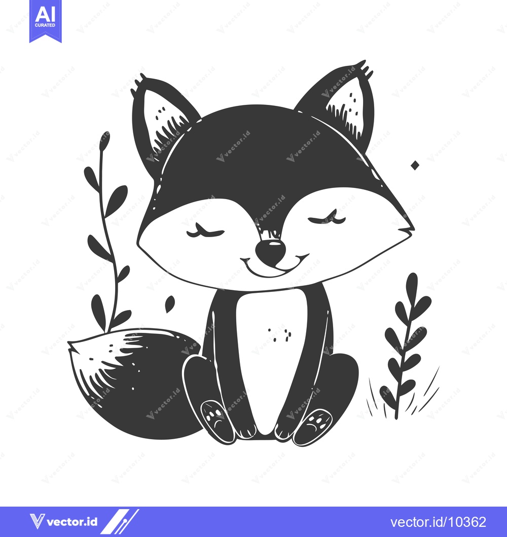 Premium Vector of A Black and White Illustration of a Smiling Fox Sitting in Grass