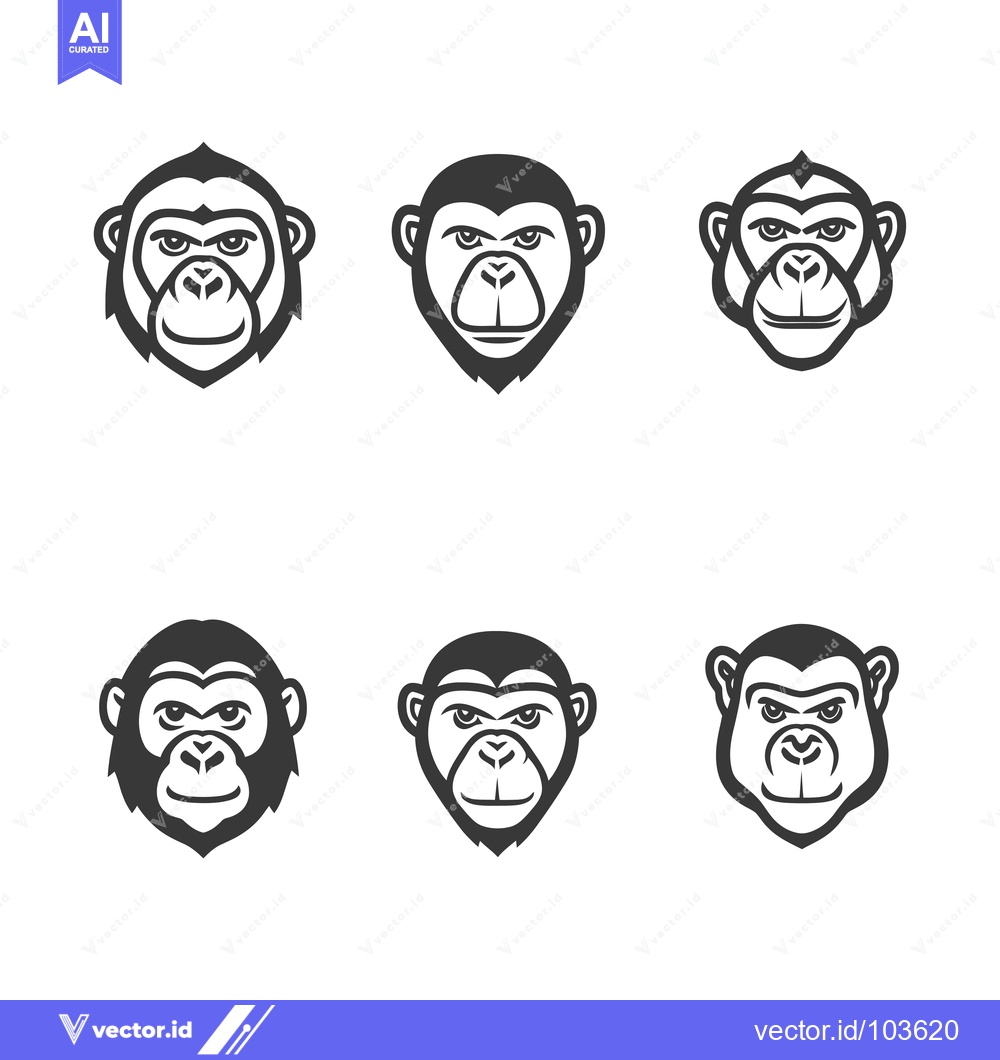 Premium Vector dari Six Black and White Monkey Faces