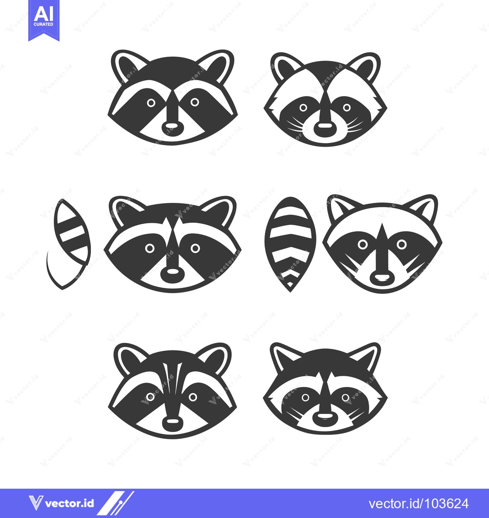 Premium Vector dari Six Black and White Raccoon Head Variations with a Striped Tail
