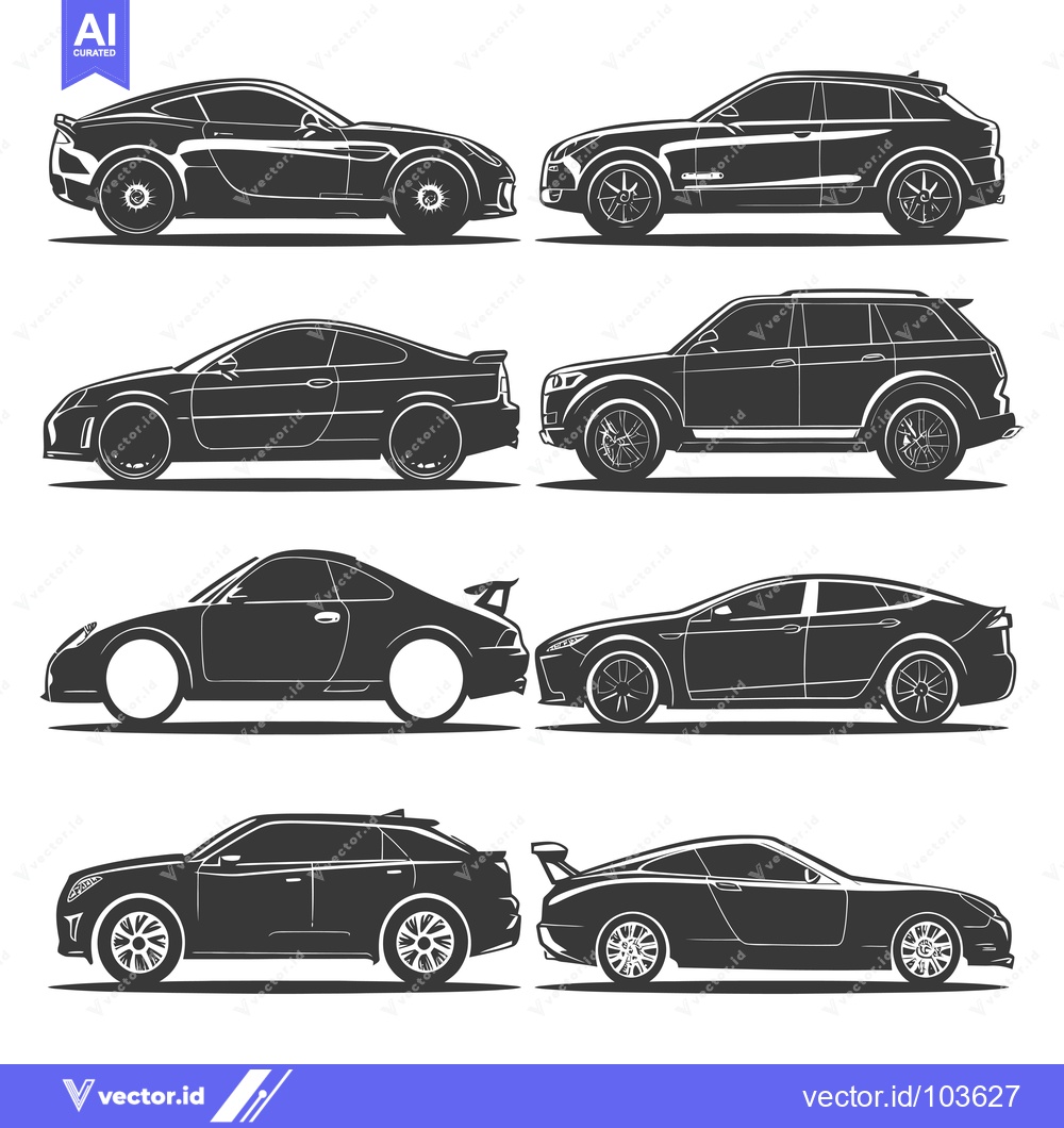 Premium Vector dari Six Black and White Silhouettes of Different Car Models