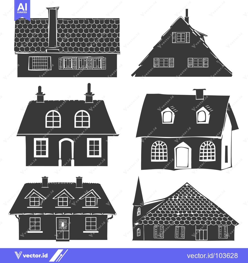 Premium Vector dari Six Black and White Silhouettes of Different Houses