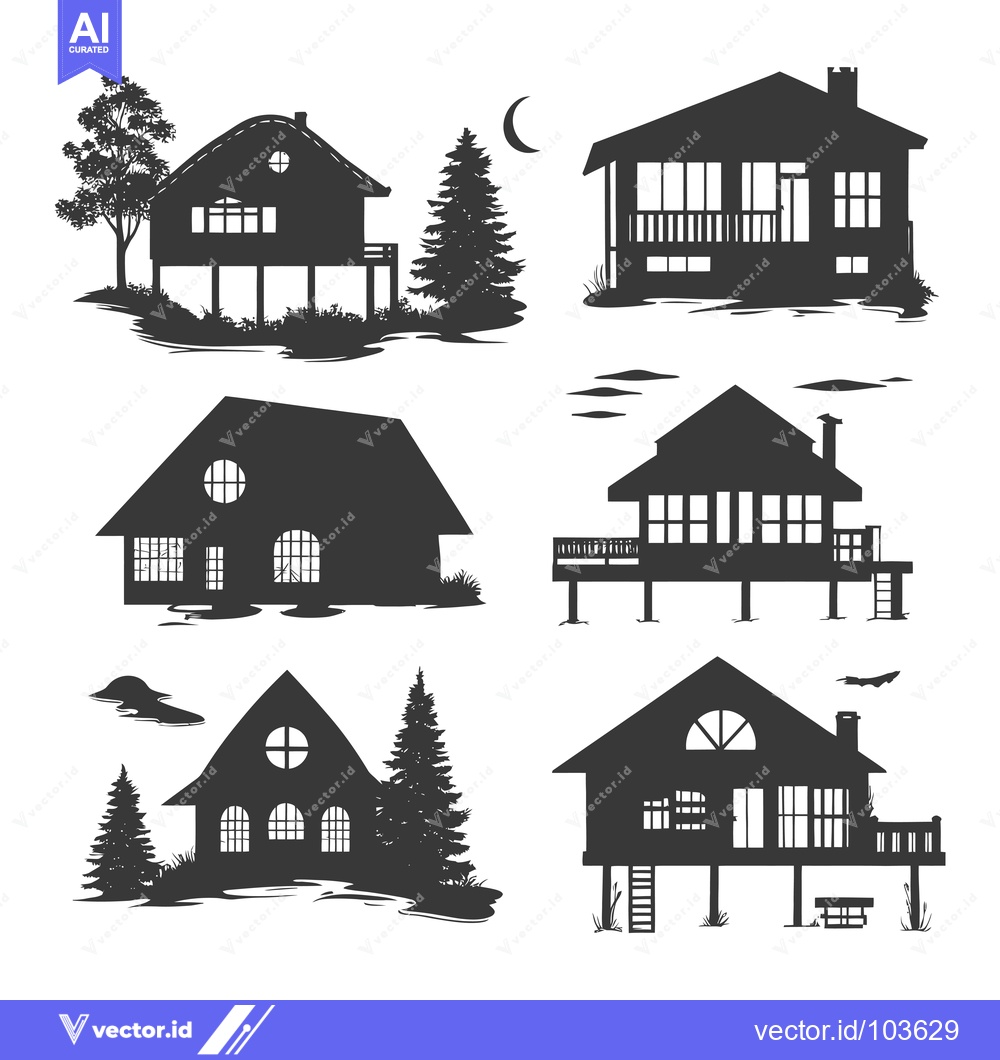 Premium Vector of Six Black and White Silhouettes of Houses on Stilts