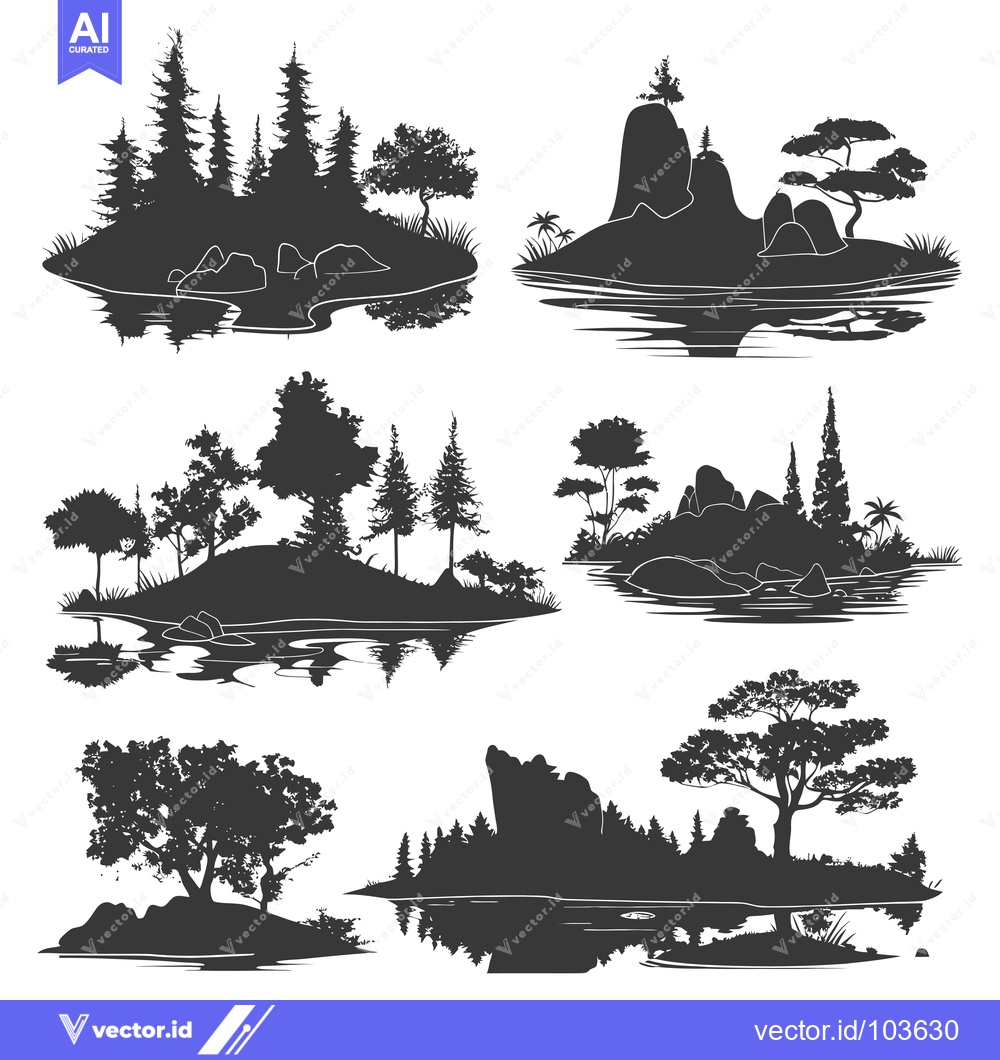 Premium Vector dari Six Black and White Silhouettes of Islands with Different Landscapes a