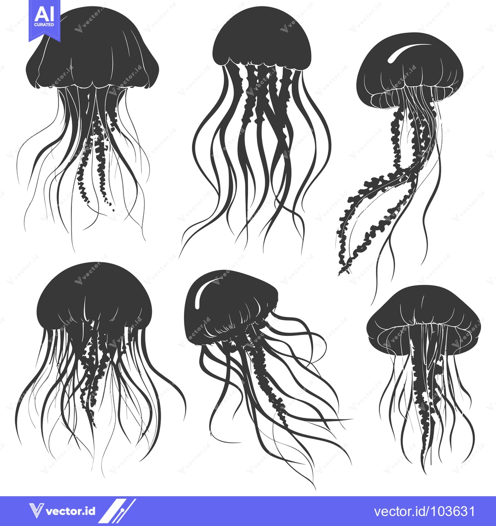 Premium Vector dari Six Black and White Silhouettes of Jellyfish