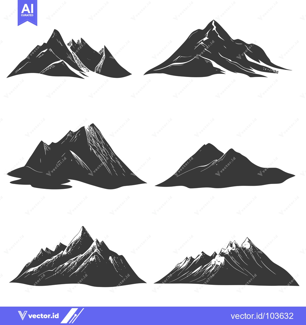 Premium Vector dari Six Black and White Silhouettes of Mountain Ranges