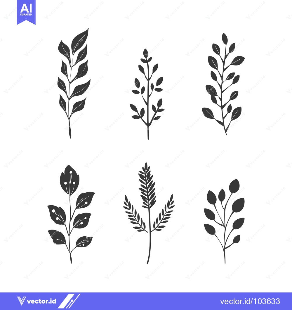Premium Vector dari Six Black and White Silhouettes of Simple Leaf Branches