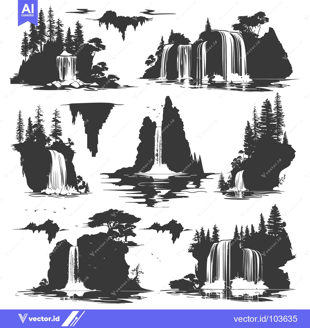 Premium Vector of Six Black and White Silhouettes of Waterfalls in Nature