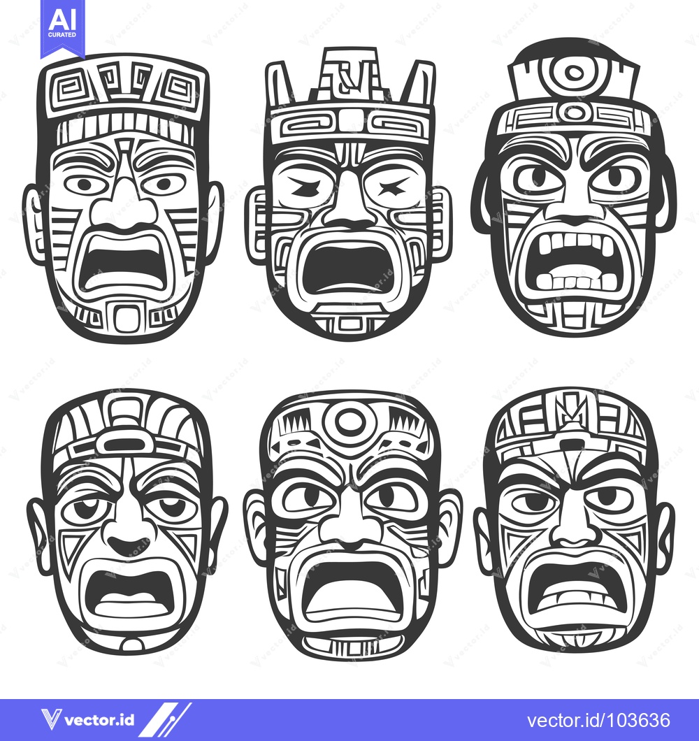 Premium Vector of Six Black and White Tribal Masks with Geometric Patterns