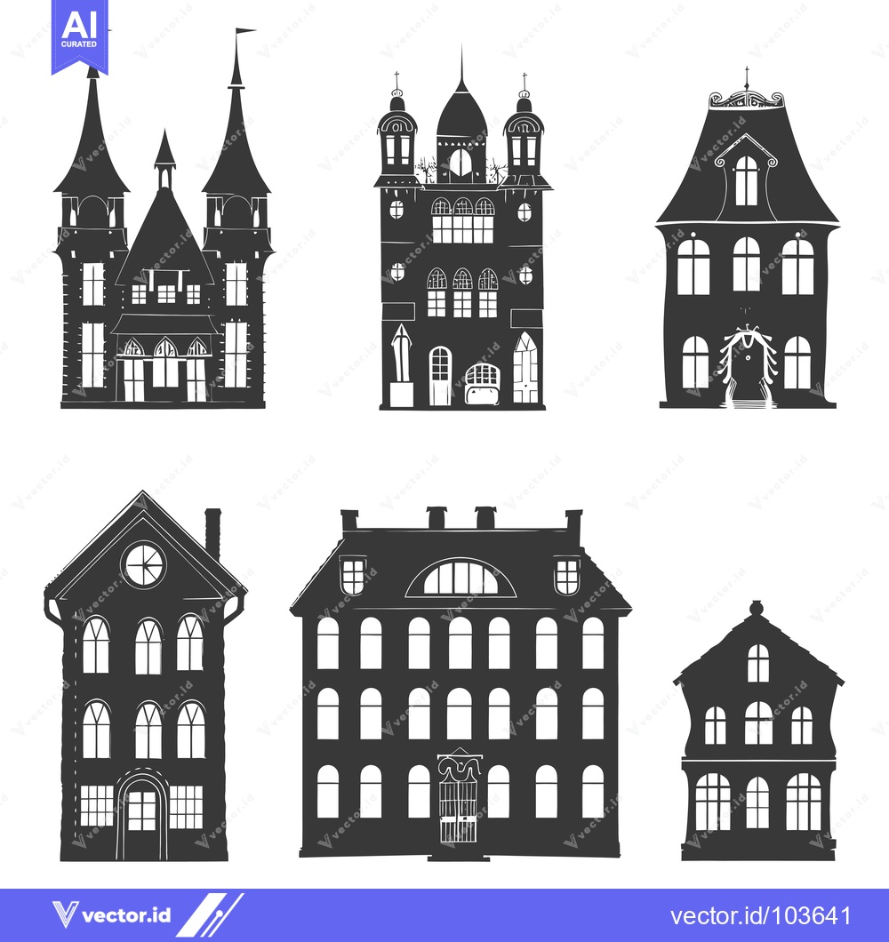 Premium Vector of Six Black Silhouettes of Different Architectural Houses