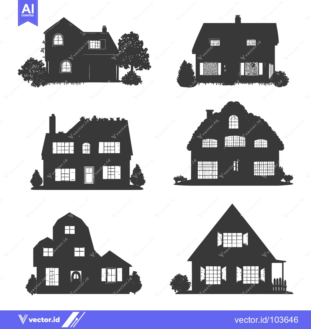 Premium Vector of Six Black Silhouettes of Houses with Windows and Doors