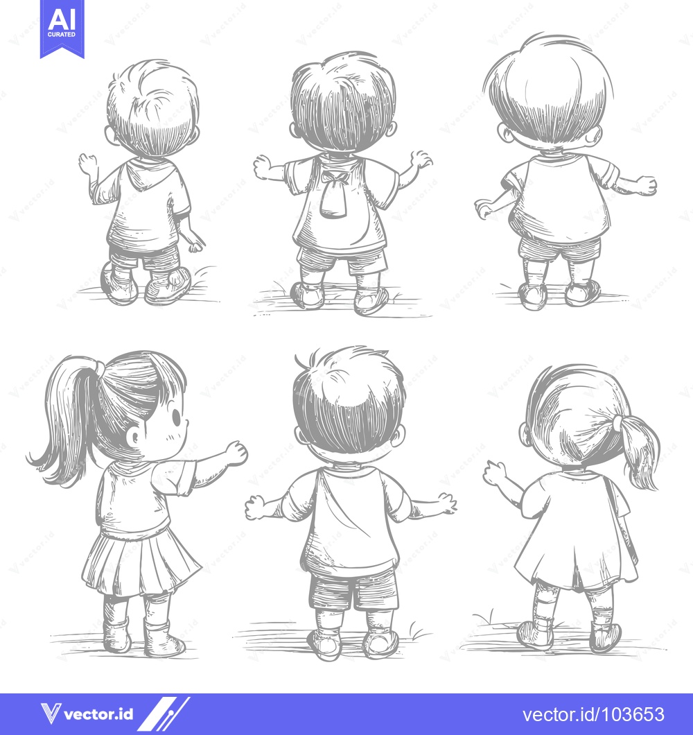 Premium Vector dari Six Children Viewed from Behind in a Hand-Drawn Sketch Style