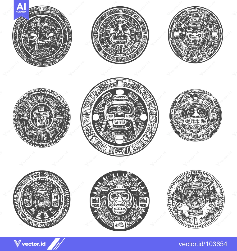 Premium Vector dari Six Circular Aztec Designs with Faces and Symbols