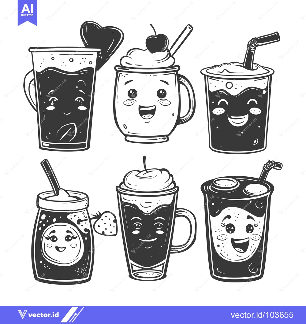 Premium Vector dari Six Cute Cartoon Drawings of Drinks with Smiling Faces and Straws