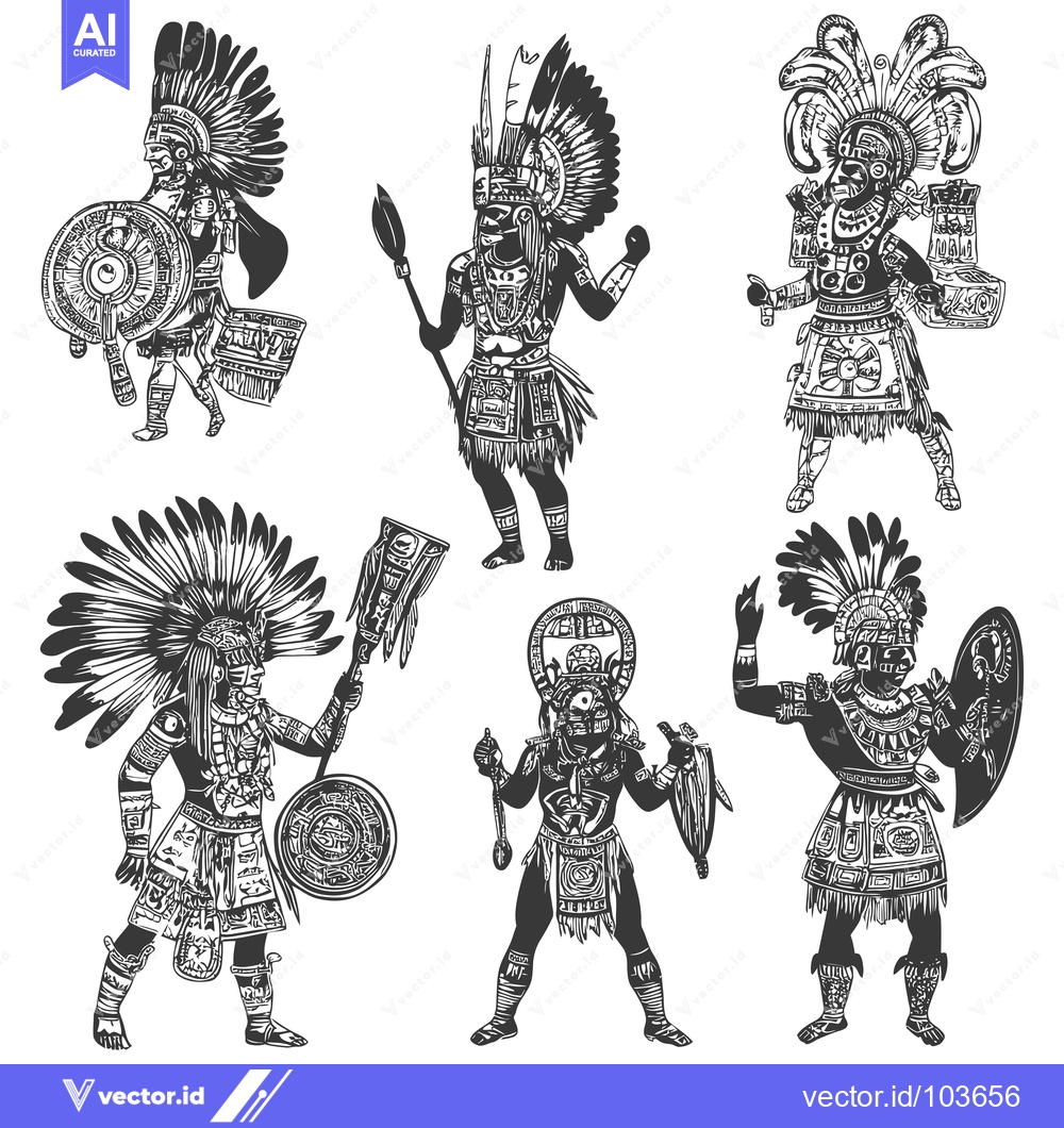 Premium Vector of Six Depictions of Aztec Warriors in Traditional Attire